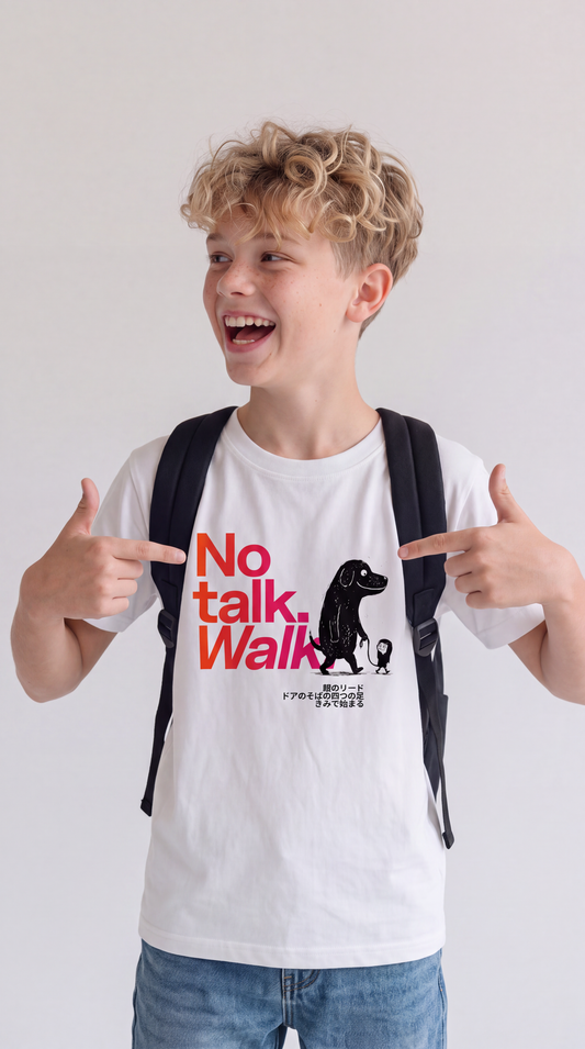 No talk. Walk. — SUAPM TYPO Collection — White organic cotton kids t-shirt