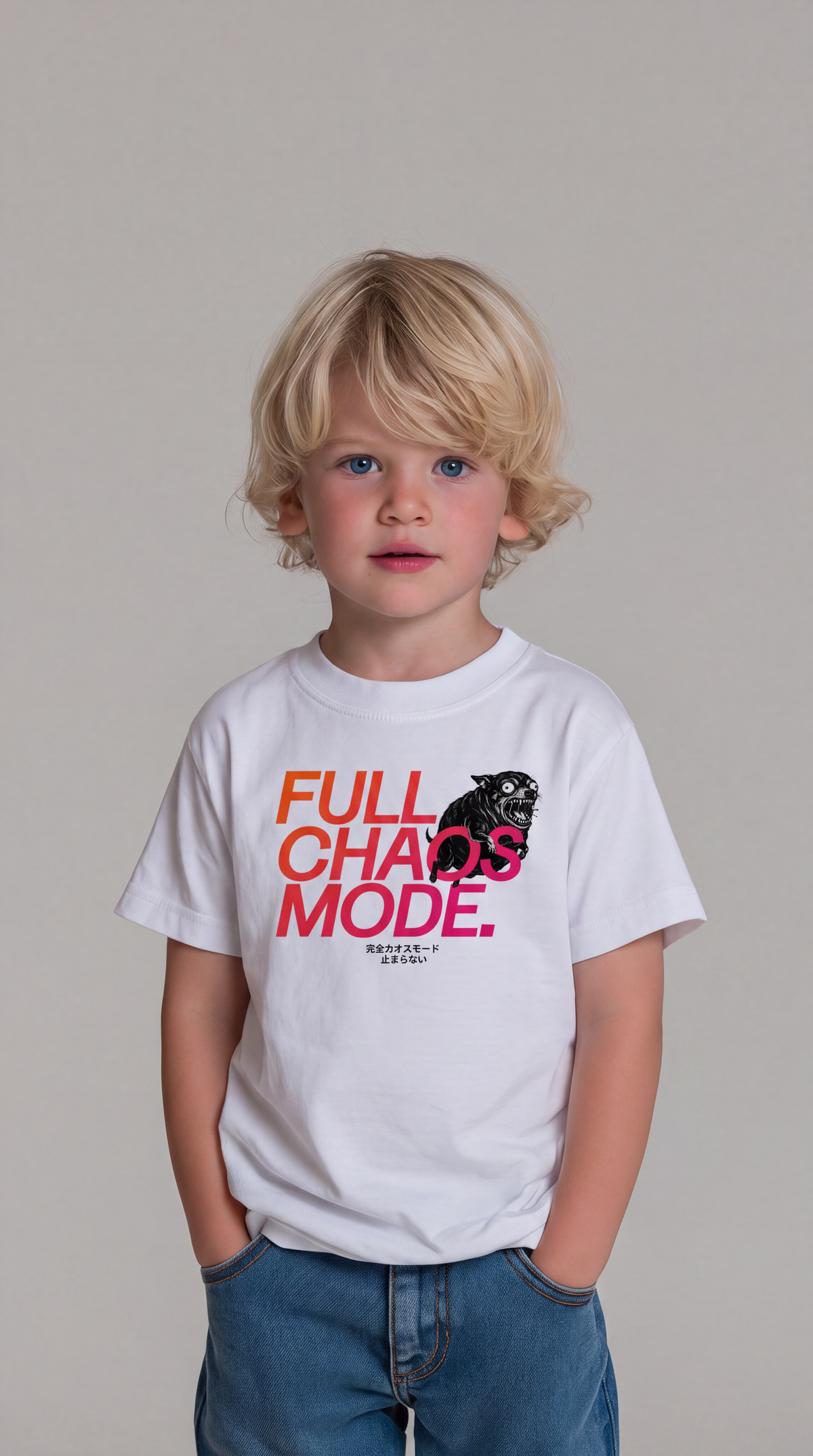 FULL CHAOS MODE — BAD GOOD BOY Collection — White organic cotton kids t-shirt
