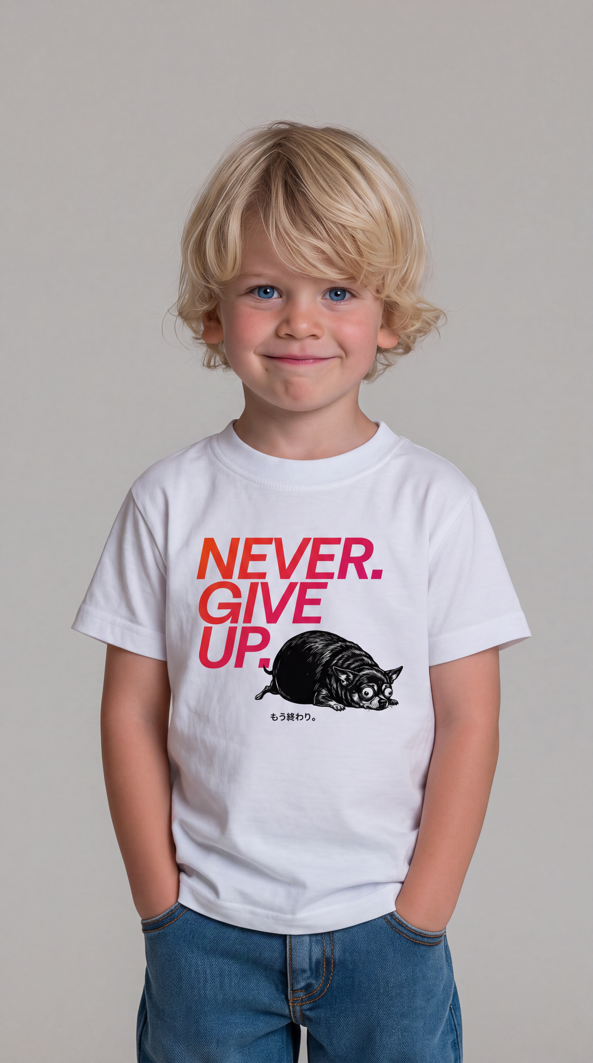 Never. Give Up — SUAPM TYPO Collection — White Organic Cotton Kids T-shirt