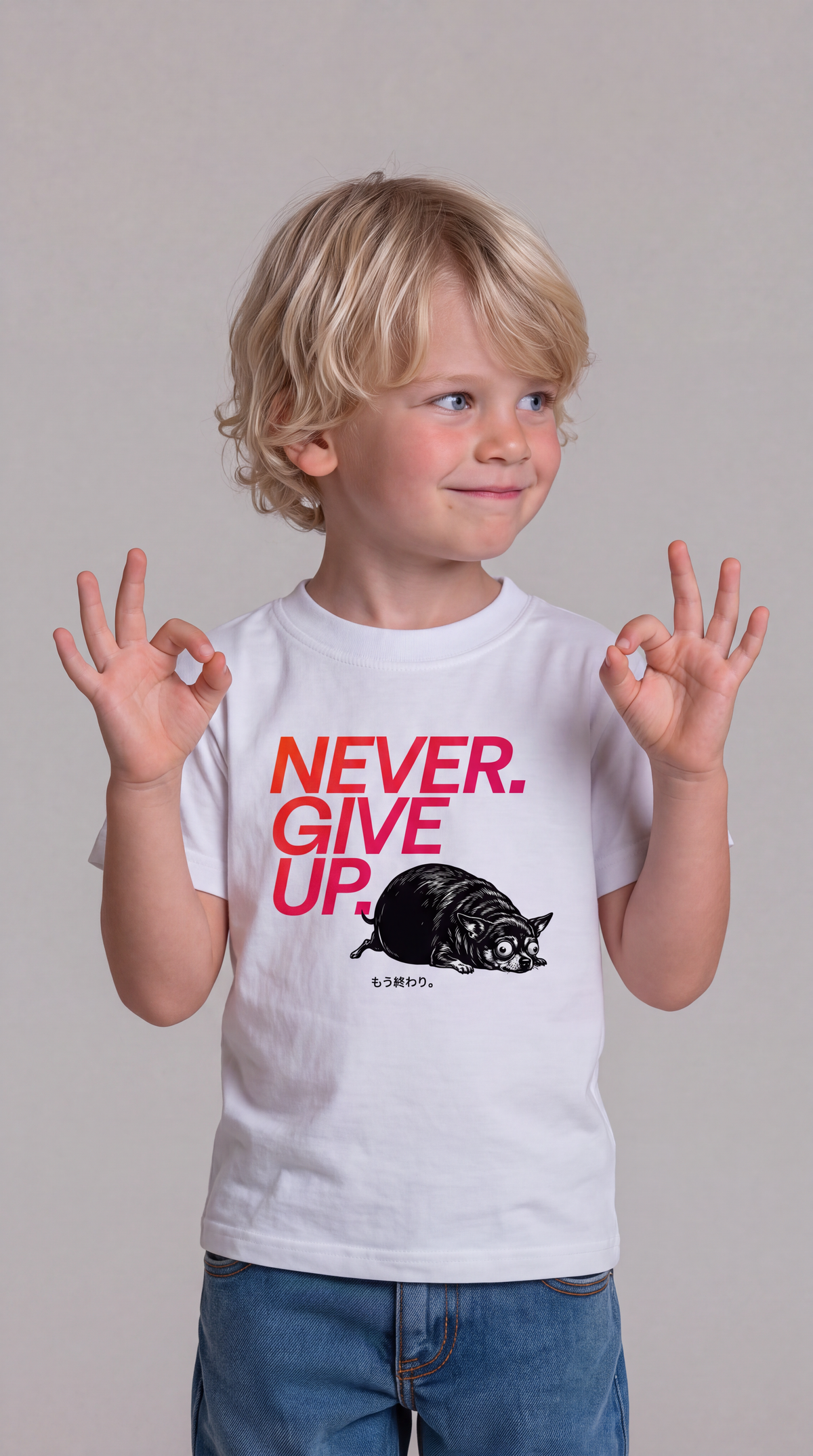Never. Give Up — SUAPM TYPO Collection — White Organic Cotton Kids T-shirt