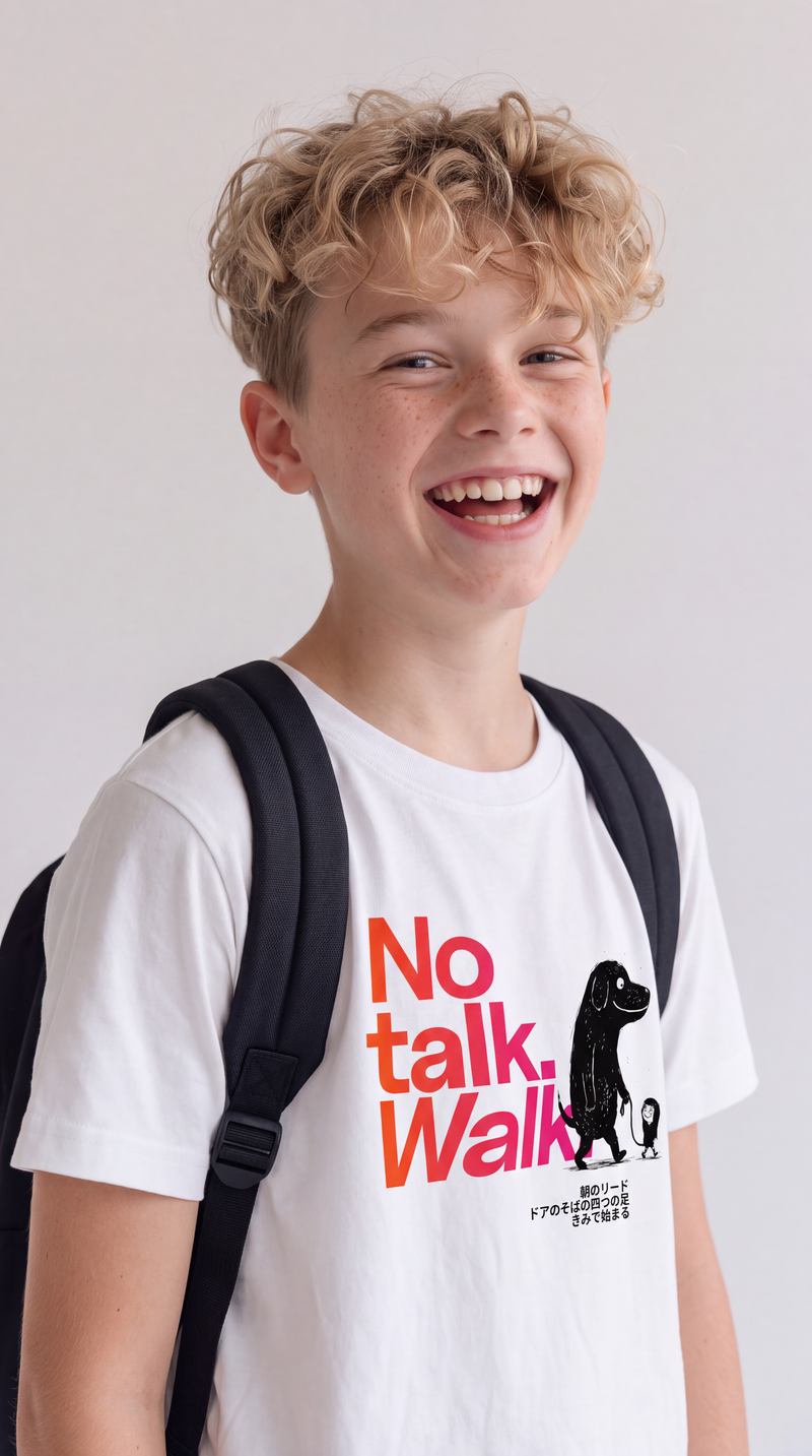 No talk. Walk. — SUAPM TYPO Collection — White organic cotton kids t-shirt
