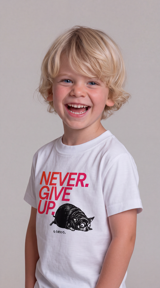 Never. Give Up — SUAPM TYPO Collection — White Organic Cotton Kids T-shirt