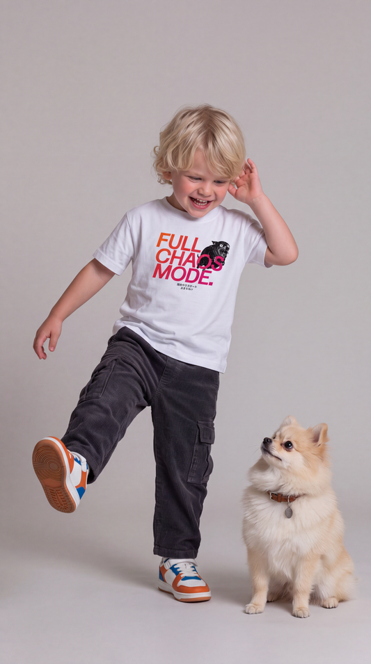 FULL CHAOS MODE — BAD GOOD BOY Collection — White organic cotton kids t-shirt