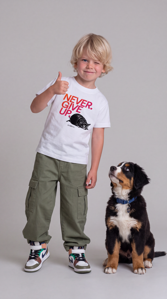 Never. Give Up — SUAPM TYPO Collection — White Organic Cotton Kids T-shirt