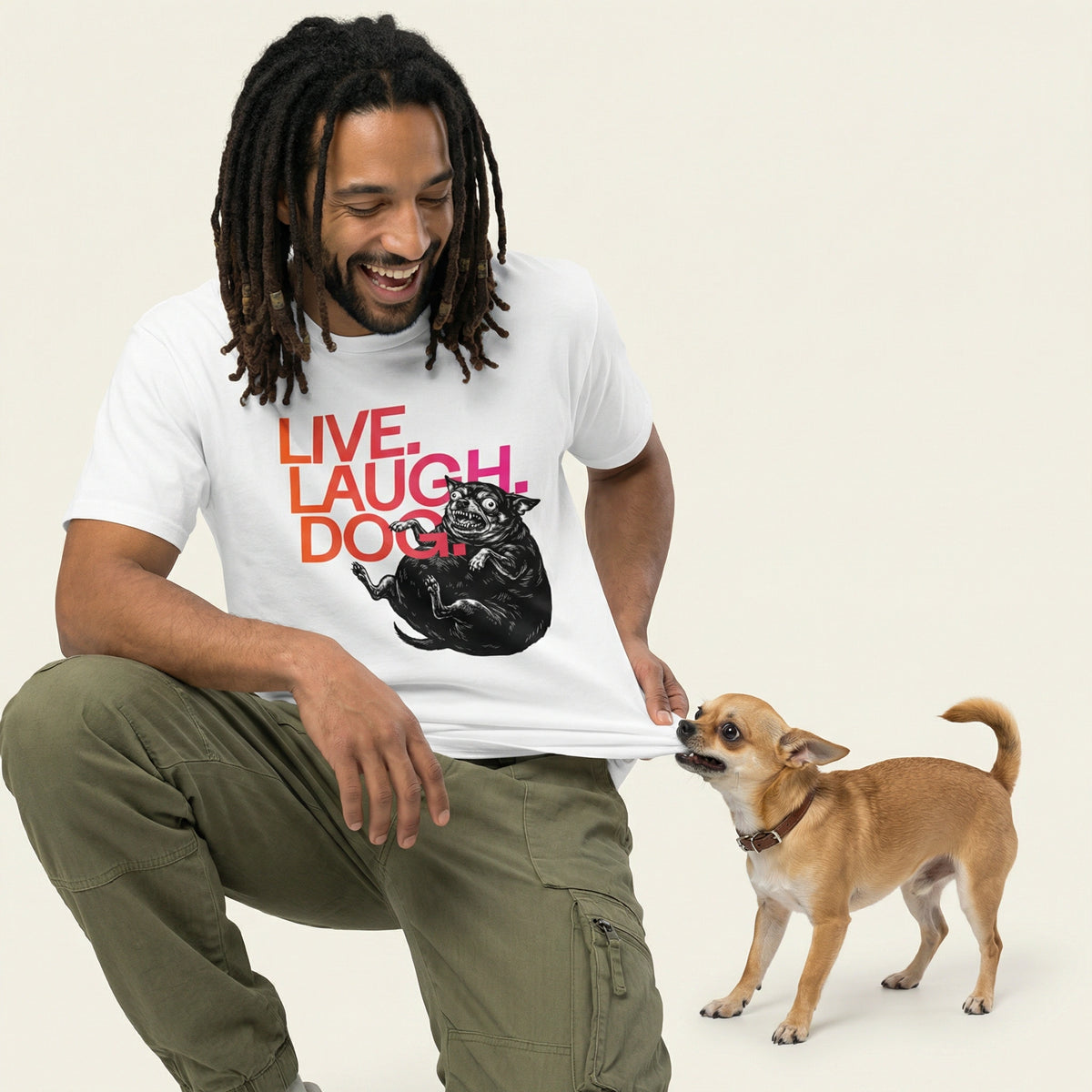 Live. Laugh. Dog. — BAD GOOD BOY Collection — White Unisex box tee